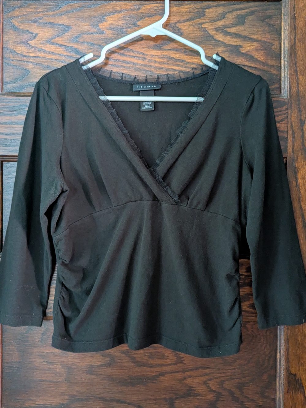 The Limited Black V-Neck Tulle Ruffle Trim Collar 3/4 Sleeve Top - Women's M